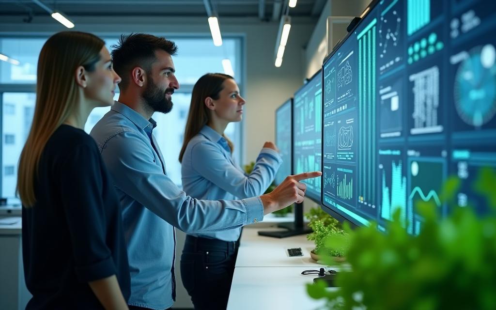 GroenTech Innovaties team in een innovatielab, wijzend naar een monitor, illustreert gezamenlijke expertise en onderzoek.