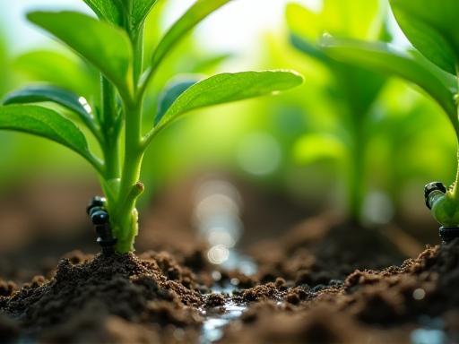 Effectief water besparen in de tuinbouw met behulp van slimme irrigatiesystemen, visualisatie van druppelirrigatie.