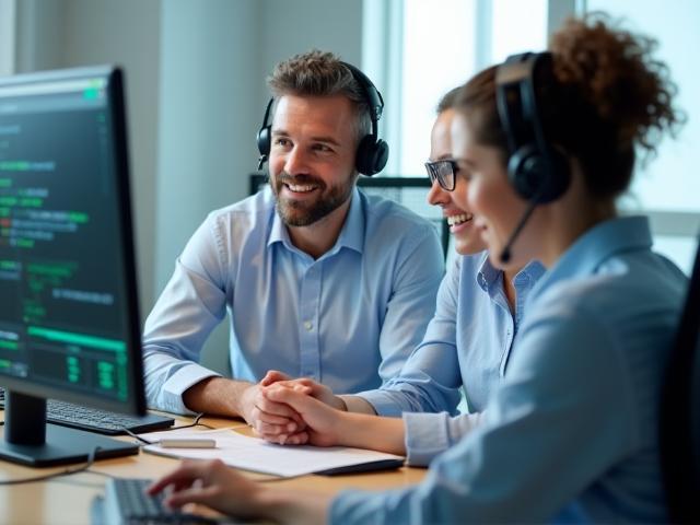 Technische support teamleden overleggen, illustreert deskundige hulp en klantenservice.